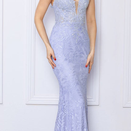 Nox Anabel G1353 Long Boho Inspired Embroidered V-Neck Mermaid Gown