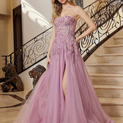 Nox Anabel G1371 Long A-Line Tulle Dress With A Sweetheart Top Sequin Applique