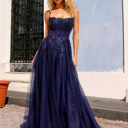 Nox Anabel G1405 Long A-Line Glitter Tulle Square Neck Open Back Ball Gown