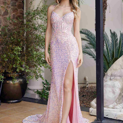 Nox Anabel G1655 Lace-Up Sequin Sheer Boned Waistline Dress