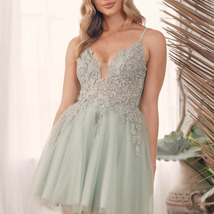 Nox Anabel G785 Short A-Line Tulle Skirt Embroidered Bodice V-Neck Dress