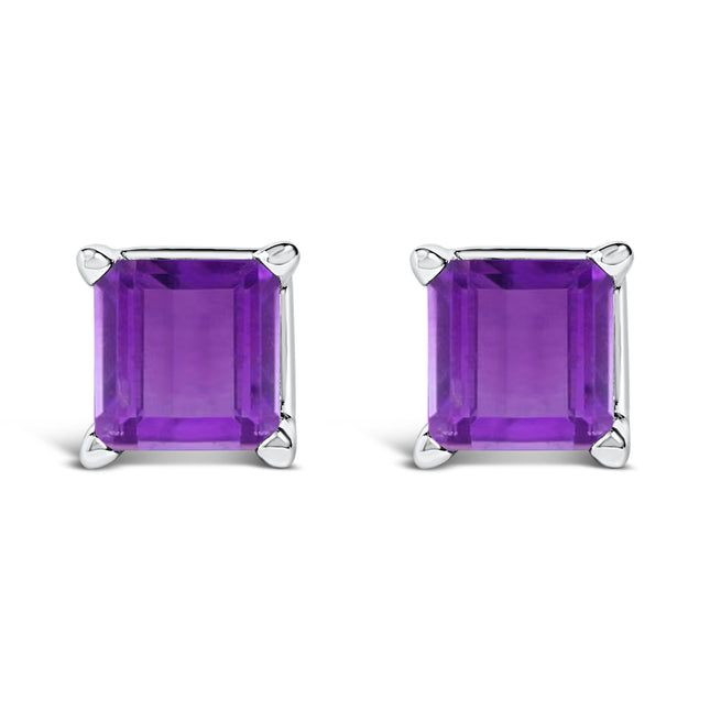14K White Gold 5x5MM Princess Cut Purple Amethyst Solitaire Stud Earrings