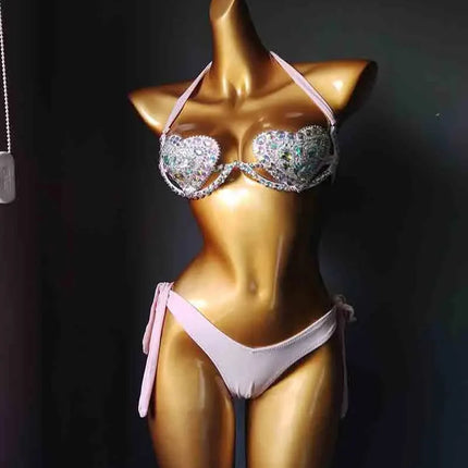 The Venus Vacation Deep-V Bikini – Luxe Rhinestone Embellished Showgirl Swim Set