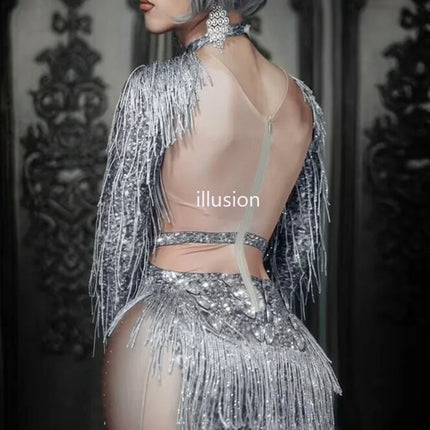 Sparkly Silver Crystal Rhinestone & Fringe Bodysuit Stage Performance Costume