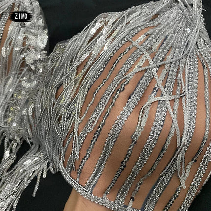 Silver Sequin Tassel Halter Bra & Shorts Stage Performance Set