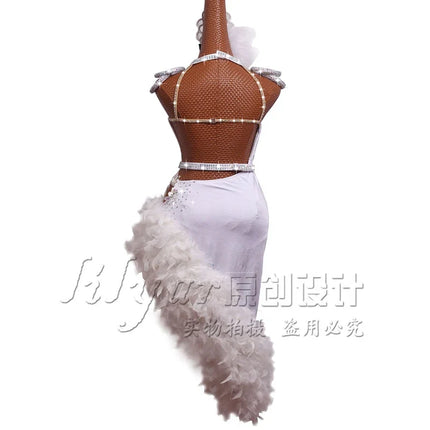 The Stardust Swan Queen – White Feathered Embroidered Latin Dance Competition Dress Set
