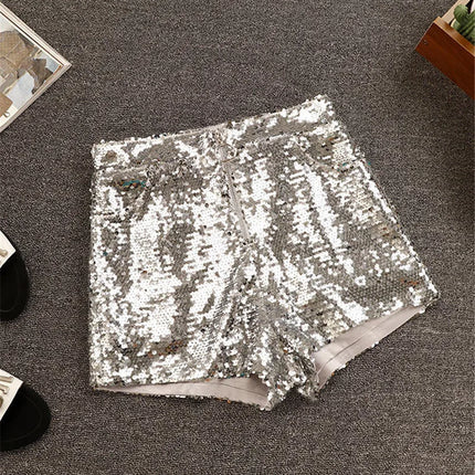 Sparkly Sequin High-Waisted O-Ring Zip Bodycon Shorts Stage Costume