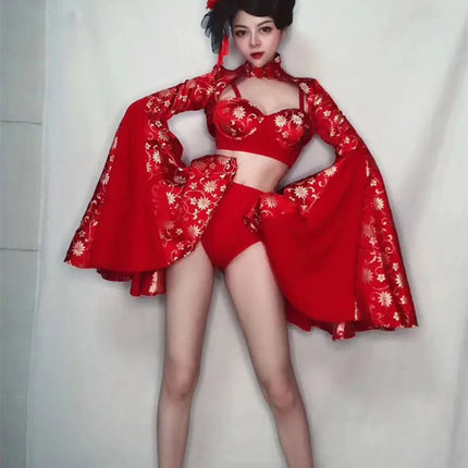Crimson Red Sculpted Bralette, Dramatic Puff Sleeve Shrug & Briefs 3-Piece Stage Costume Set