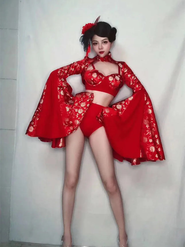 Crimson Red Sculpted Bralette, Dramatic Puff Sleeve Shrug & Briefs 3-Piece Stage Costume Set