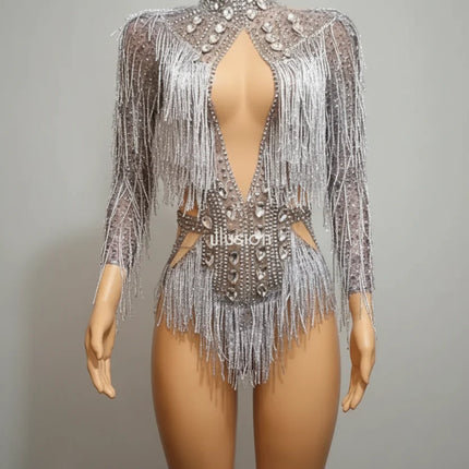 Sparkly Silver Crystal Rhinestone & Fringe Bodysuit Stage Performance Costume