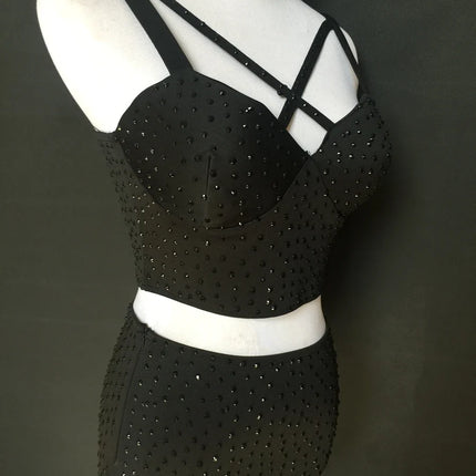 Sparkly Rhinestone Crop Top & High-Waisted Shorts Two-Piece Dance Costume Set