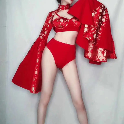 Crimson Red Sculpted Bralette, Dramatic Puff Sleeve Shrug & Briefs 3-Piece Stage Costume Set