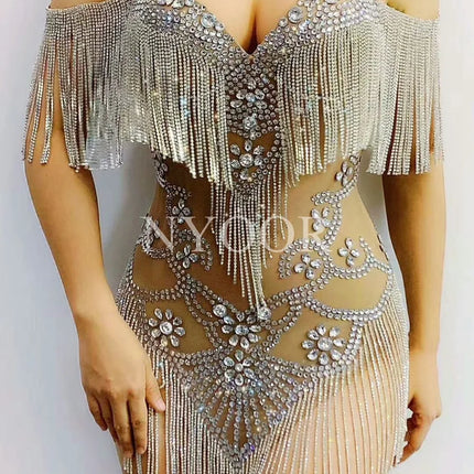 Silver Crystal Fringe Illusion Bodysuit Sparkly Rhinestone Stage Dance Leotard