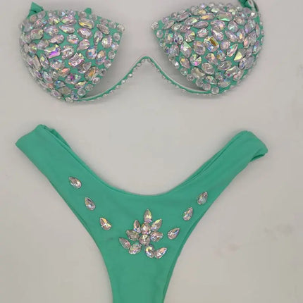 Luxury Rhinestone Performance Bikini Set – Shimmering Crystal Push-Up Stage Costume & Bling Two-Piece for GoGo Dancers, Festivals & Raves