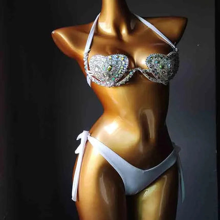 The Venus Vacation Deep-V Bikini – Luxe Rhinestone Embellished Showgirl Swim Set