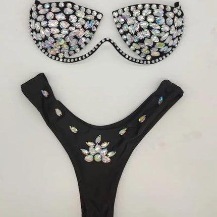 Luxury Rhinestone Performance Bikini Set – Shimmering Crystal Push-Up Stage Costume & Bling Two-Piece for GoGo Dancers, Festivals & Raves