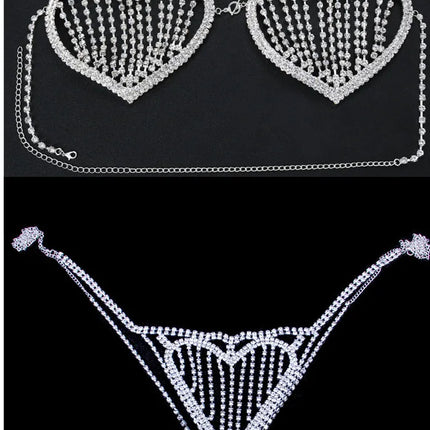Dazzling Heart Crystal Bra Chain & Thong Bikini Body Jewelry Set