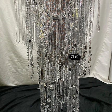 Silver Sequin Tassel Halter Bra & Shorts Stage Performance Set