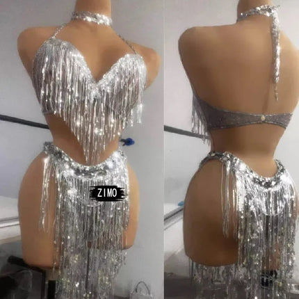 Silver Sequin Tassel Halter Bra & Shorts Stage Performance Set