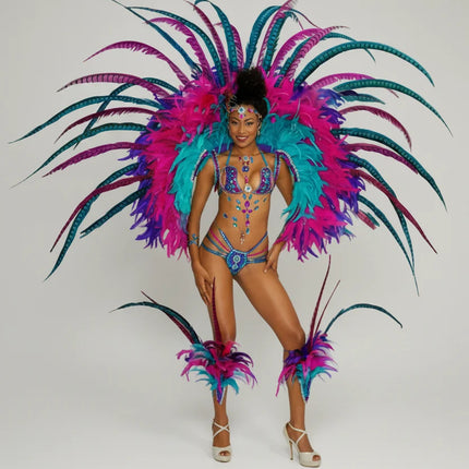 The Stardust Empress Royale – Deluxe Feathers & Crystal Bikini Samba Performance Costume Set