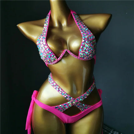The Venus Vacation High-Waist Bikini – Classic Diamond Rhinestone Showgirl Set