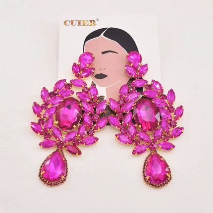 Oversized 4.7" Glass Gemstone Statement Drop Earrings Drag Queen Stage Jewelry