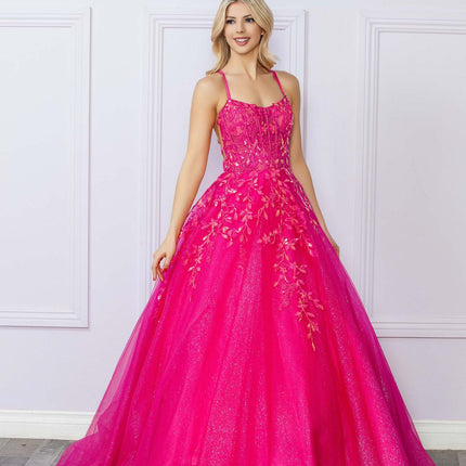 Nox Anabel H1271 Long Scoop Neckline Glitter Tulle A-Line Ballgown