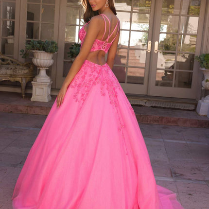 Nox Anabel H1357 Plunging Illusion Neckline Corset A-Line Ballgown