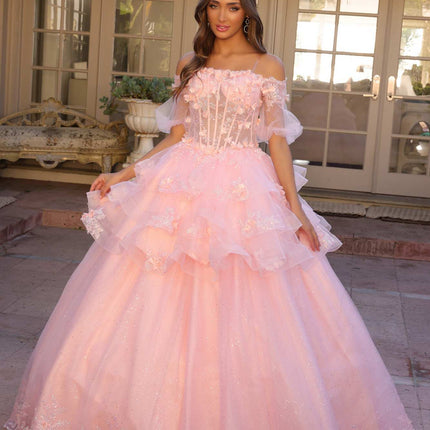 Nox Anabel H1360 Off the Shoulder 3D Floral A-Line Gown Removable Skirt