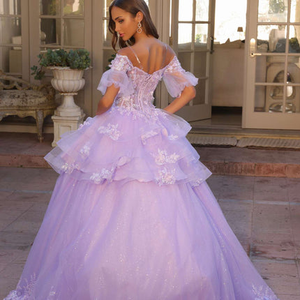 Nox Anabel H1360 Off the Shoulder 3D Floral A-Line Gown Removable Skirt