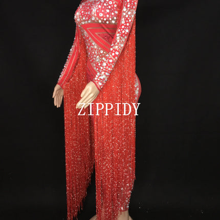 Silver Red Rhinestone Fringe Jumpsuit Stage Performance Outfit Dancer Catsuit