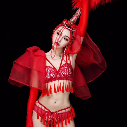Red Feather Beading Headgear Bikini Dance Outfit Women Nightclub Party Show Stage Wear Bar Concert Singer Performance Costume