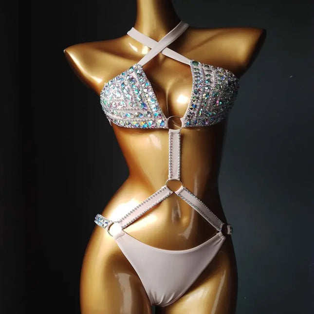 The Siren Strappy Rhinestone Bikini – Crystal Diamond Cutout Showgirl Set