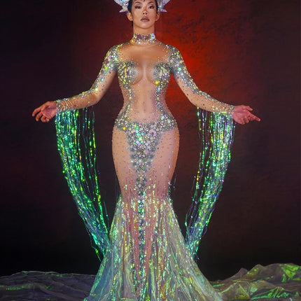 Emerald Green Rhinestone Sequin Mermaid Gown & Crown Stage Performance Costume Set