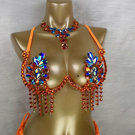Sparkly Samba Carnival Stone Wire Bra & Necklace Two-Piece Dance Costume Set