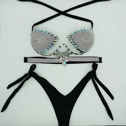 The Stardust Geometric Cross-Strap Bikini – Crystal Lattice Showgirl Set