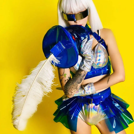 Holographic Silver Laser Bikini, Ruffle Skirt & Captain Hat 3-Piece Stage Costume Set