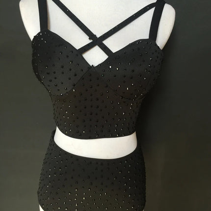 Sparkly Rhinestone Crop Top & High-Waisted Shorts Two-Piece Dance Costume Set
