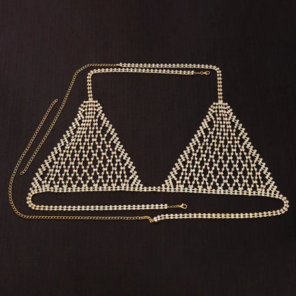 Luxury Rhinestone Grid Body Chain Set – Shimmering Crystal Mesh Bra & Thong Harness Set for Raves, Festivals & Exotic Clubwear