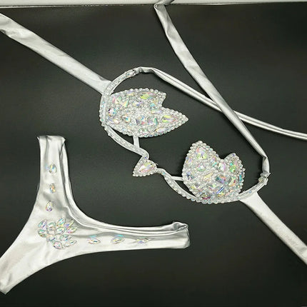 Luxury Rhinestone Cut-Out Leotard – Shimmering Crystal Stage Bodysuit & Harness Costume for GoGo Dancers, Circus Acts & Raves