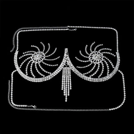 Luxury Crystal Swirl Micro Bikini Body Chain – Shimmering Rhinestone Tassel Bra & Exotic Chest Harness for Festivals, Raves & Clubwear