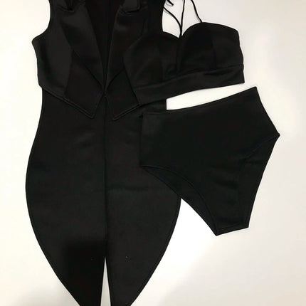 Female Jazz Dance Team Costume Black Yellow Bikini Tailcoat 3 Pieces Set Women Singer Nightclub Sexy Stage Wear Cosplay Outfits