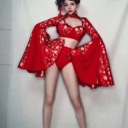 Crimson Red Sculpted Bralette, Dramatic Puff Sleeve Shrug & Briefs 3-Piece Stage Costume Set