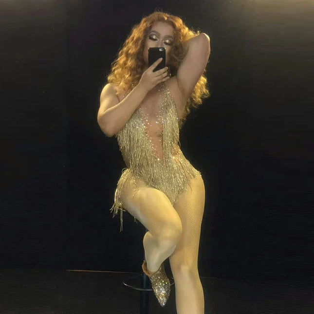 Sparkly Gold Rhinestone & Tassel Halter Neck Leotard Stage Costume
