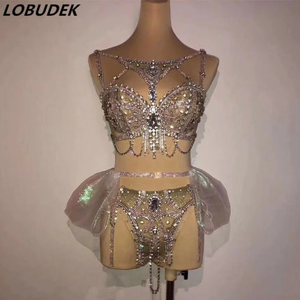 Sexy Nightclub DJ Pole Dance Bikini Costume Silver Rhinestones Rhinestones Chains Bra Shorts Skirt Rave Outfits Festival Clothes