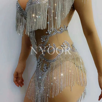 Silver Crystal Fringe Illusion Bodysuit Sparkly Rhinestone Stage Dance Leotard