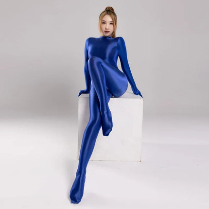Silky Oil Glossy Long Sleeve Thong Bodysuit Full-Length Shaping Jumpsuit