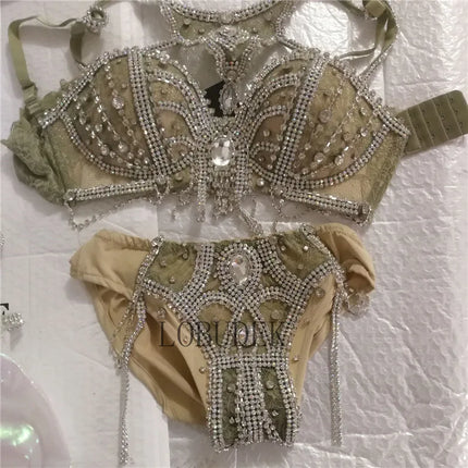 Sexy Nightclub DJ Pole Dance Bikini Costume Silver Rhinestones Rhinestones Chains Bra Shorts Skirt Rave Outfits Festival Clothes