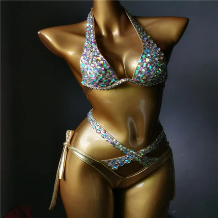 The Venus Vacation High-Waist Bikini – Classic Diamond Rhinestone Showgirl Set