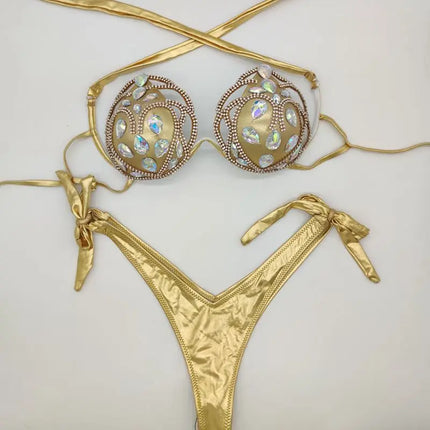 The Venus Vacation Hollow-Out Bikini – Diamond Lattice Showgirl Swim Set